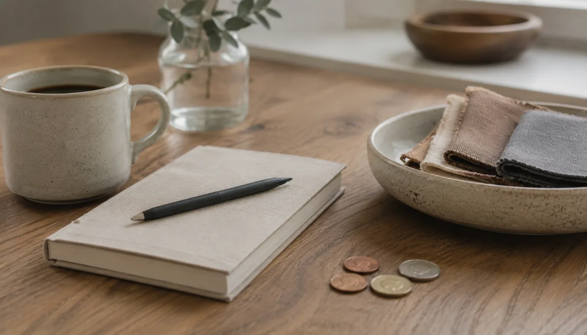 Kitchen table with a plain notebook, coins and a coffee cup