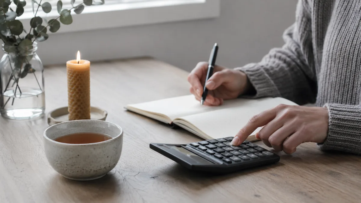 Tidy desk with a calculator, notebook and a cup of tea