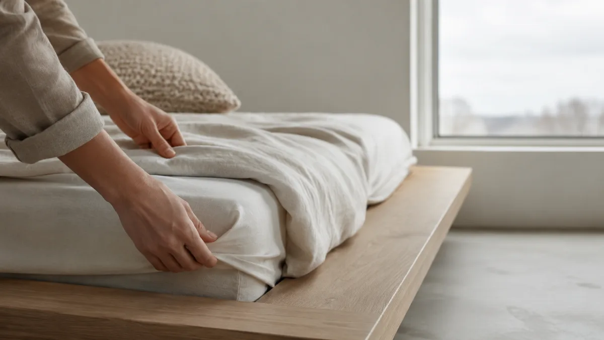 Low platform bed with crisp neutral sheets beside a bare window