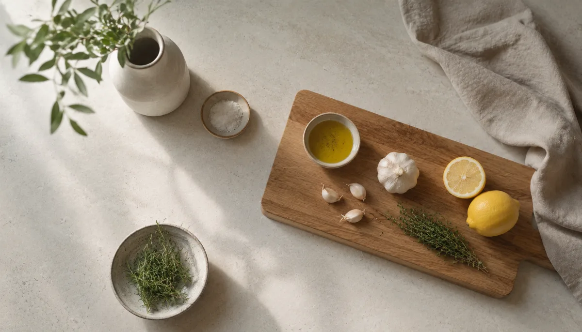 Calm kitchen counter with fresh simple ingredients on a wooden board