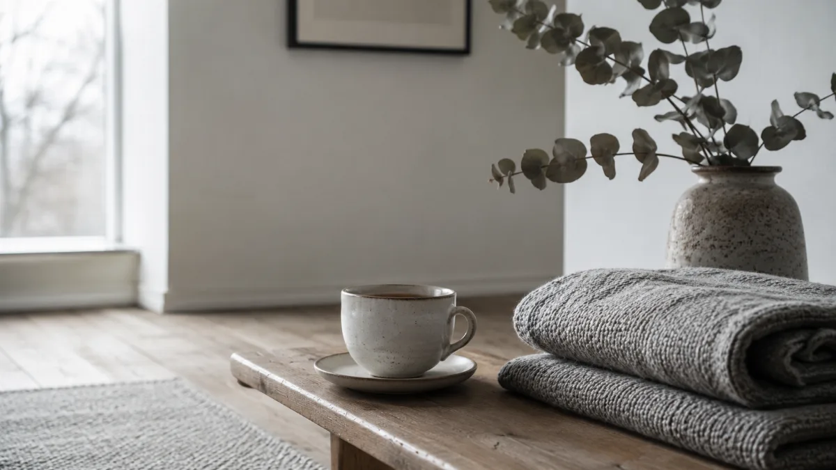 Calm evening corner with tea and a folded blanket