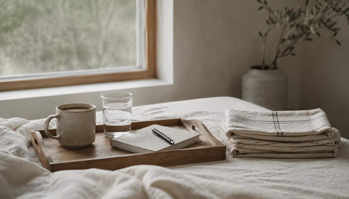Simple morning tray with coffee, water and a small journal