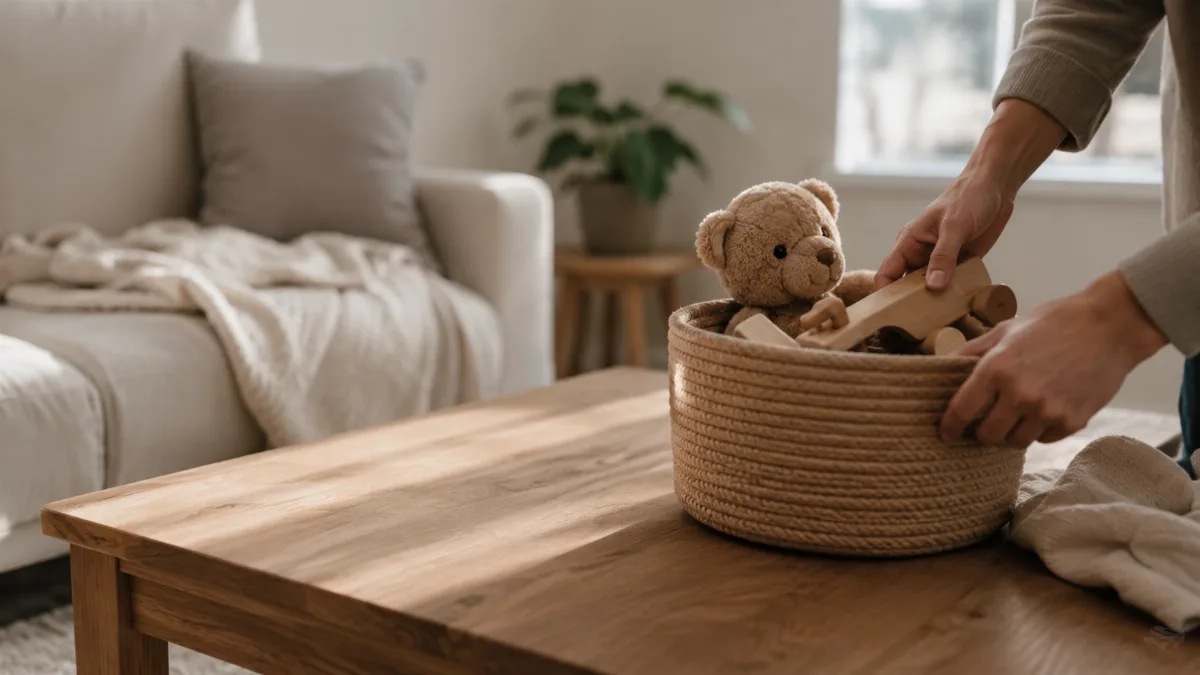 Family living room with a basket of toys neatly tucked away