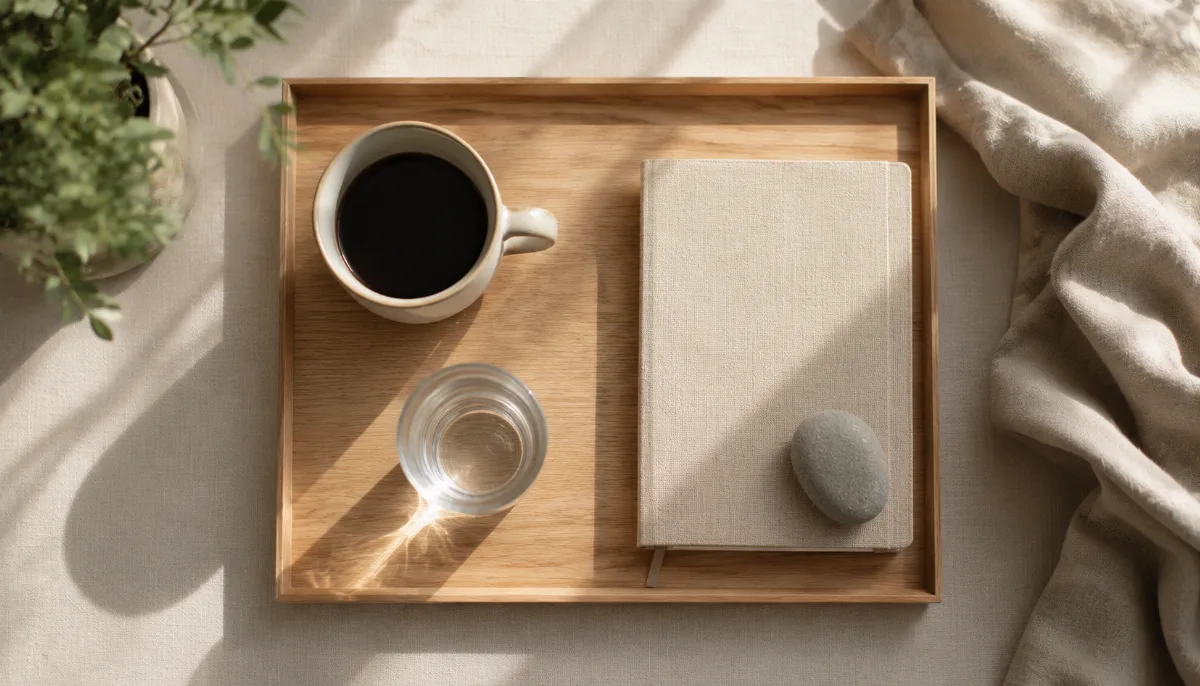 Simple morning tray with coffee, water and a small journal