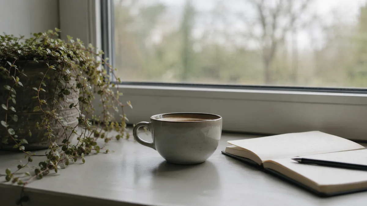 Bright morning scene with coffee and a notebook by a window