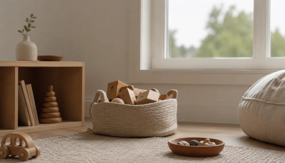 Tidy children's play corner with a few wooden toys in a soft basket