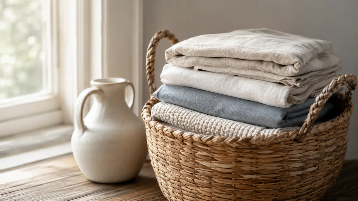 Folded laundry stacked in a woven basket by a window