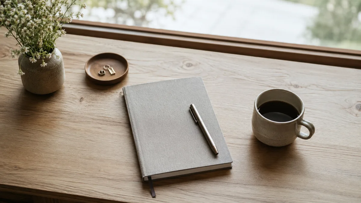 Clean wooden desk by a window with a notebook, pen and a cup of coffee