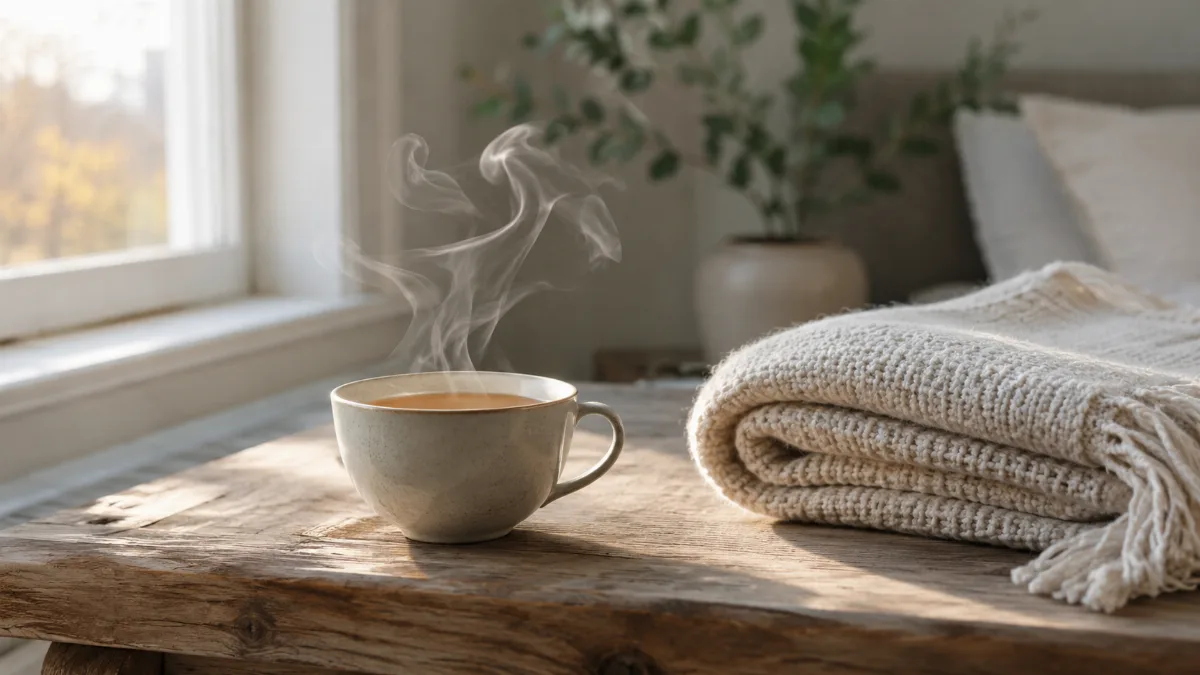 Calm evening corner with tea and a folded blanket
