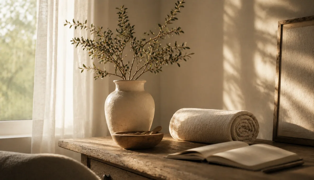 Serene styled vignette with neutral tones and soft daylight