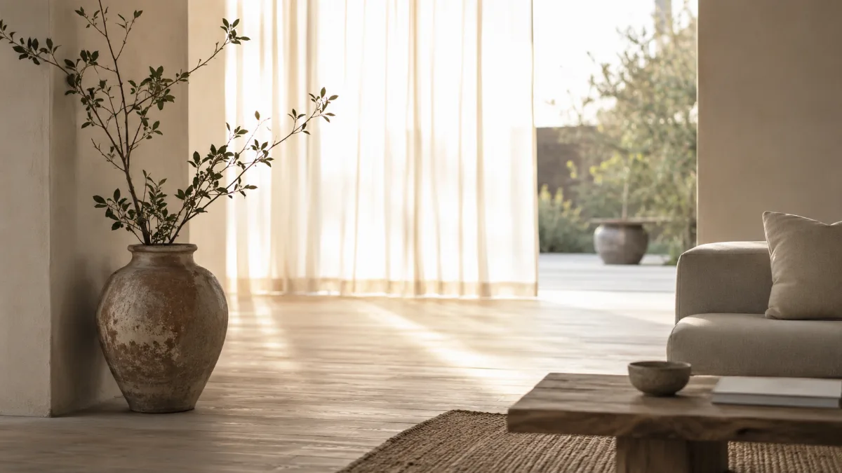 Calm minimalist interior with natural light and a few simple objects