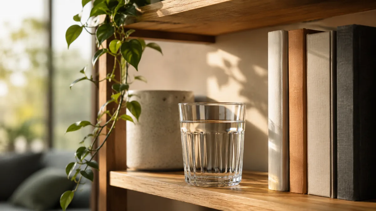 Tidy bookshelf with a few spines and a trailing plant