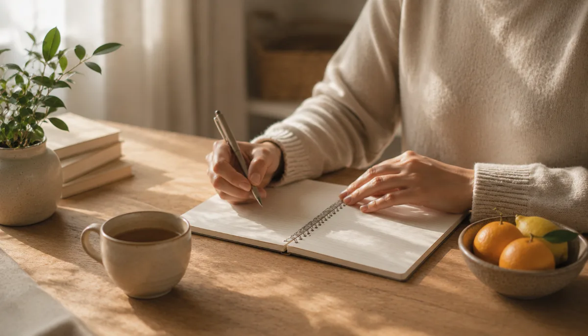 Tidy desk with a notebook and a cup of tea
