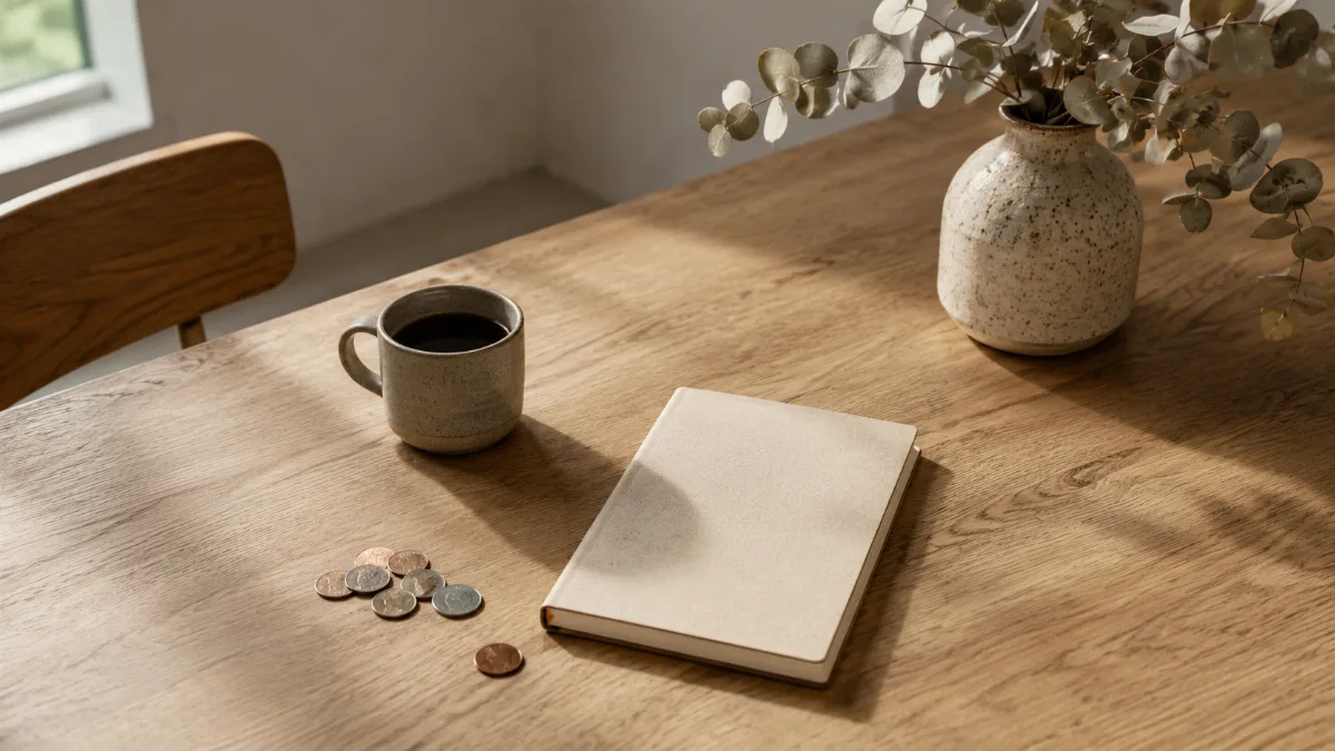 Kitchen table with a plain notebook, coins and a coffee cup