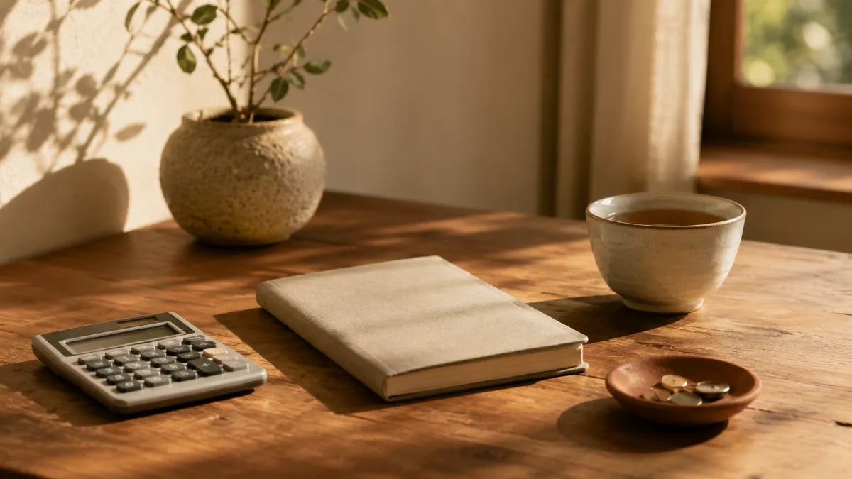 Tidy desk with a calculator, notebook and a cup of tea
