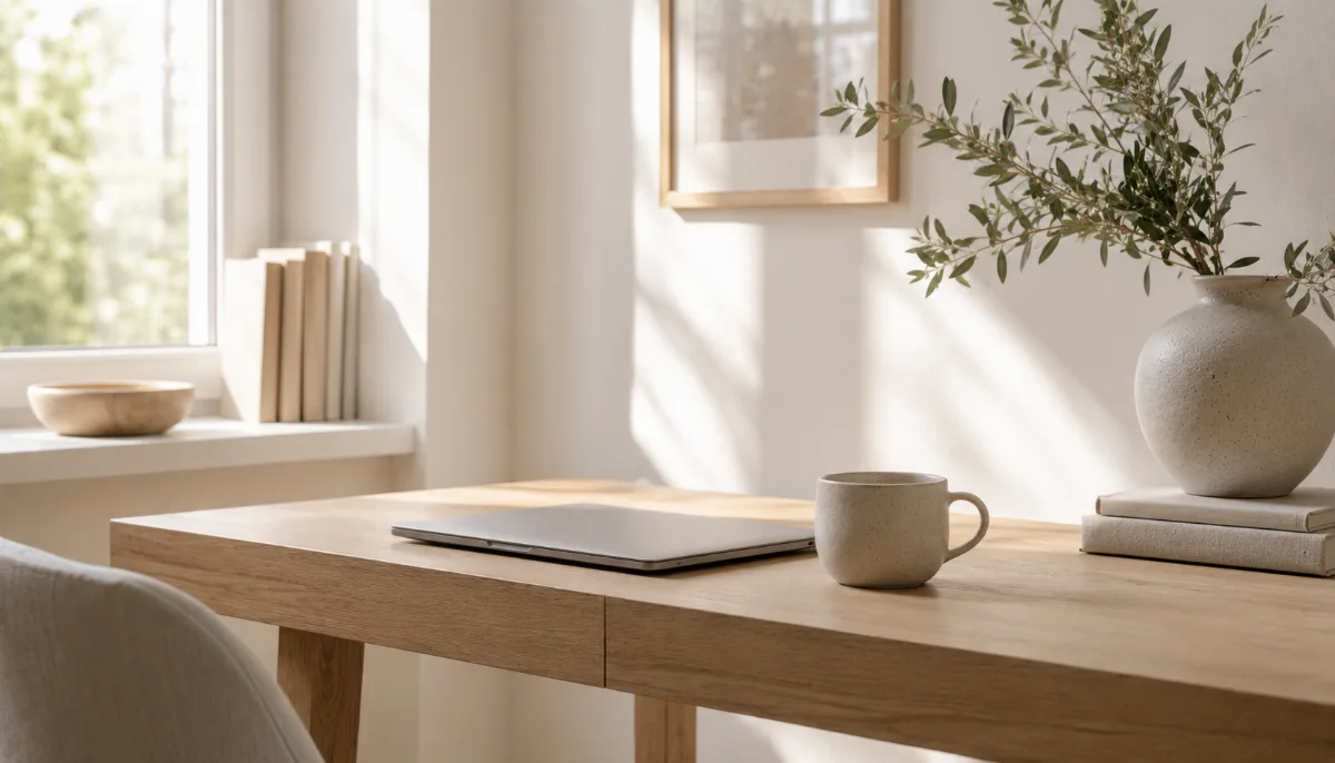 Clean desk with one closed laptop and a cup of coffee