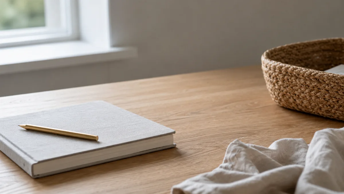Uncluttered writing desk bathed in soft daylight