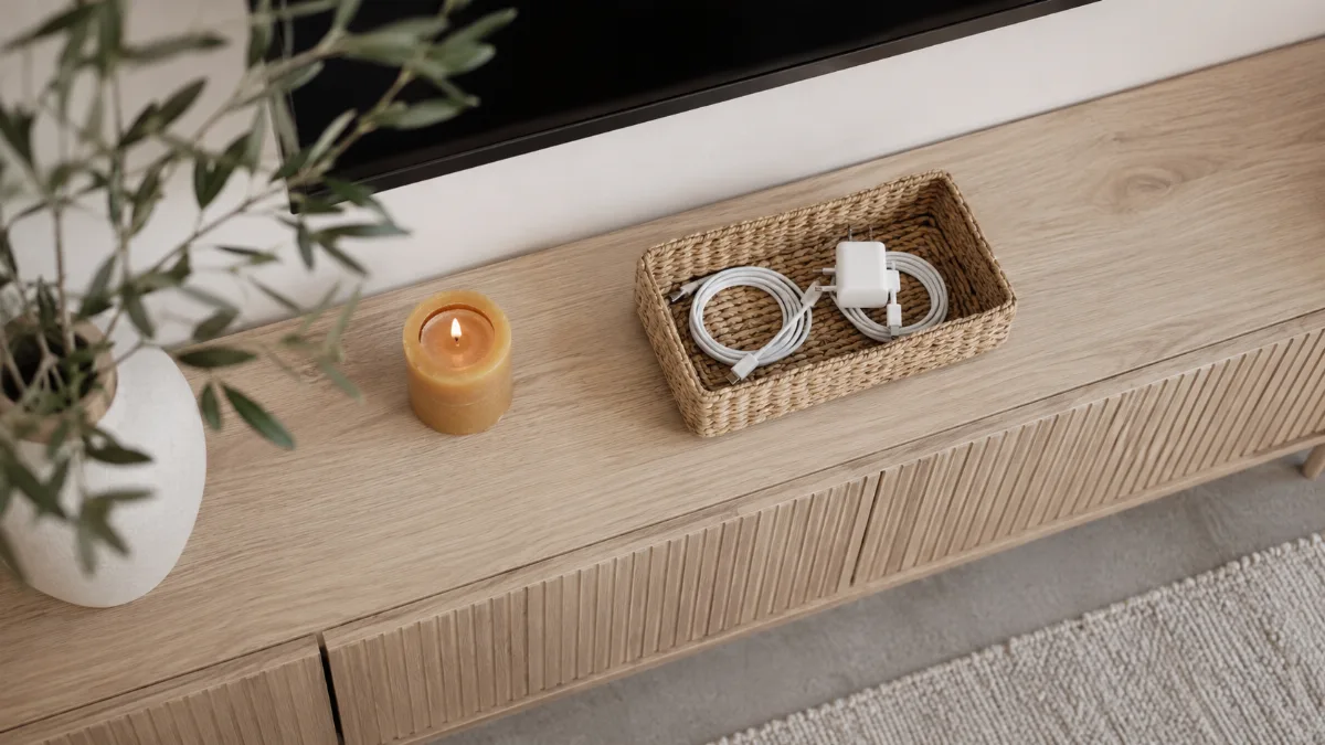 Tidy media console with charging cables tucked into a small woven basket