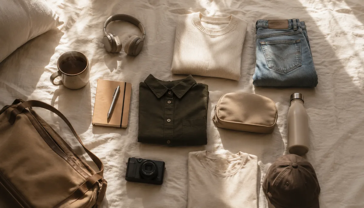 Neatly packed travel essentials laid out on a bed