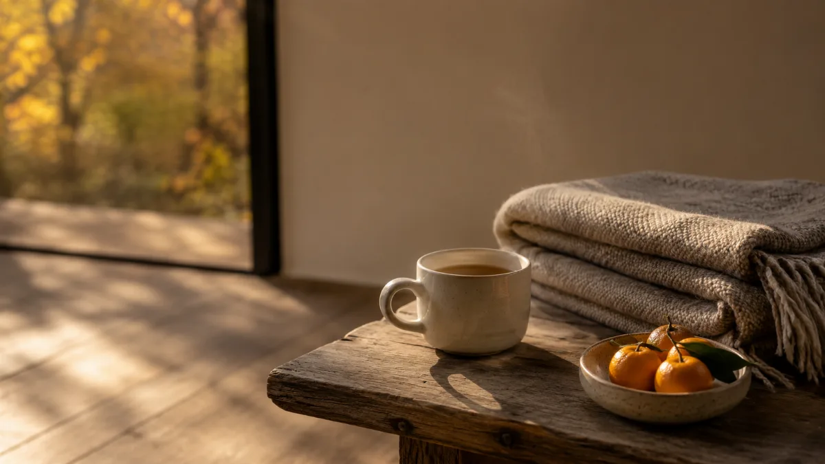 Calm evening corner with tea and a folded blanket