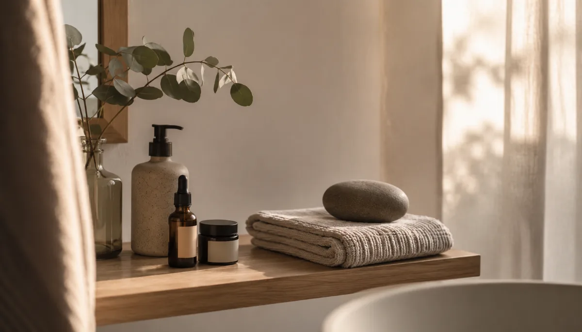 Minimalist bathroom shelf with a few essential items and a folded towel