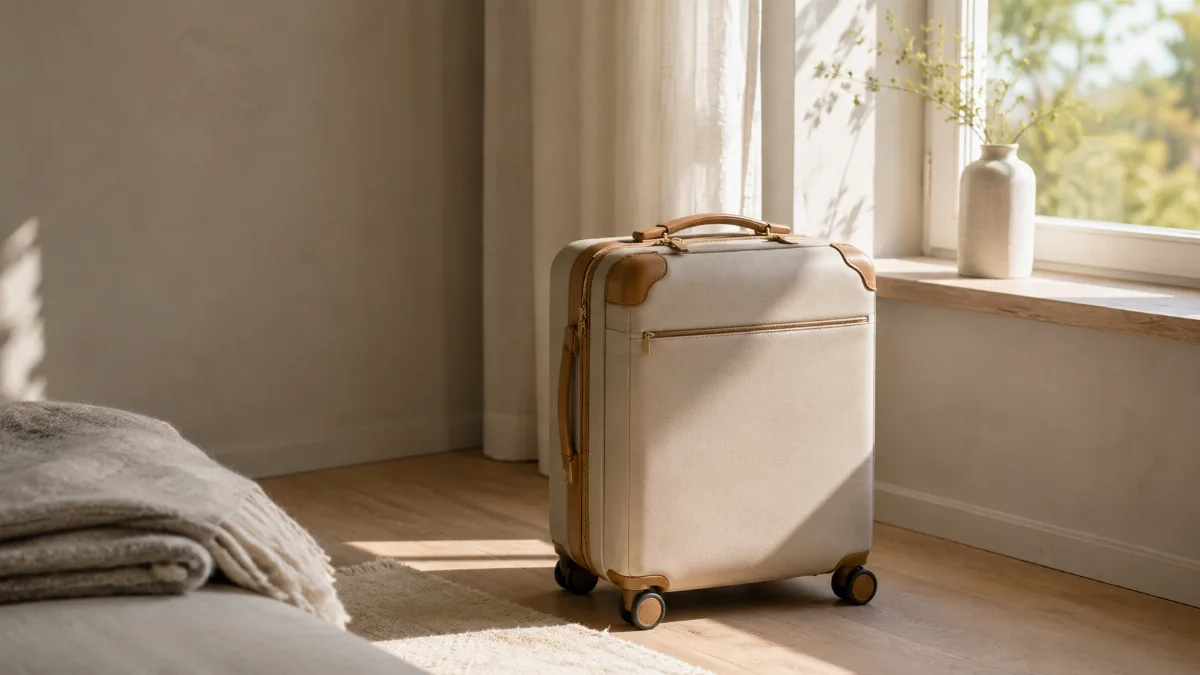 Single carry-on case beside a sunlit window before a trip