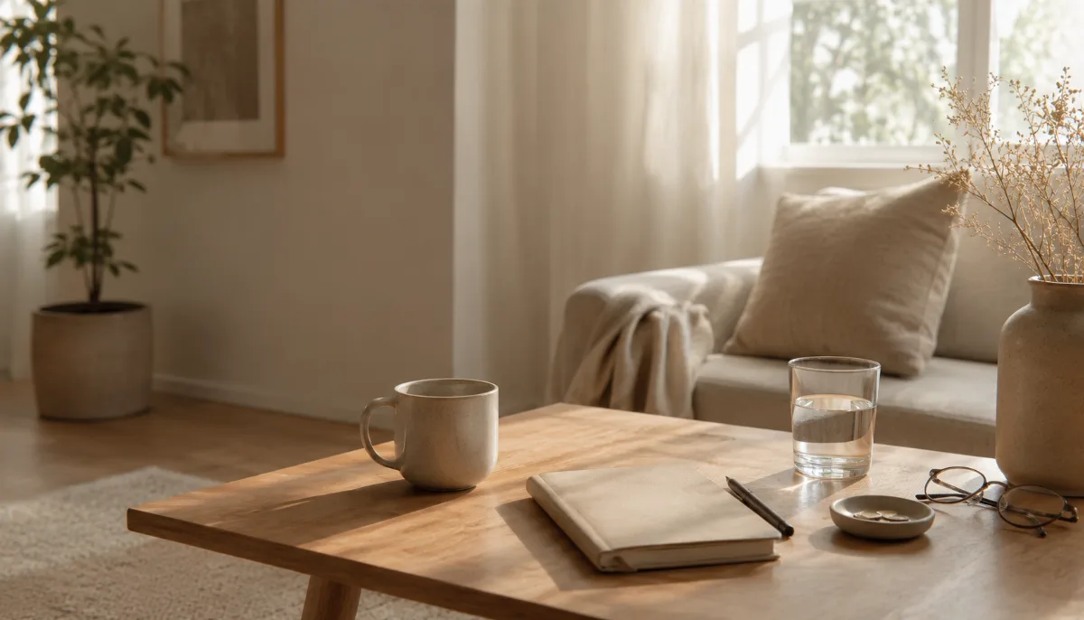 Calm minimalist interior with natural light and a few simple objects