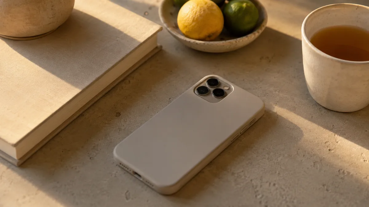 Single phone face-down beside a book and a cup of tea