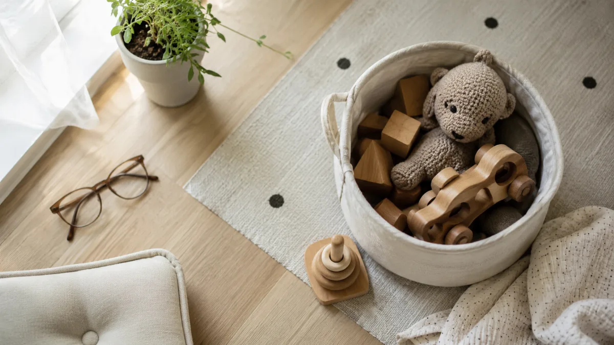 Tidy children's play corner with a few wooden toys in a soft basket