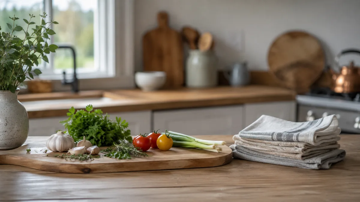 Simple kitchen counter with fresh ingredients and a wooden board