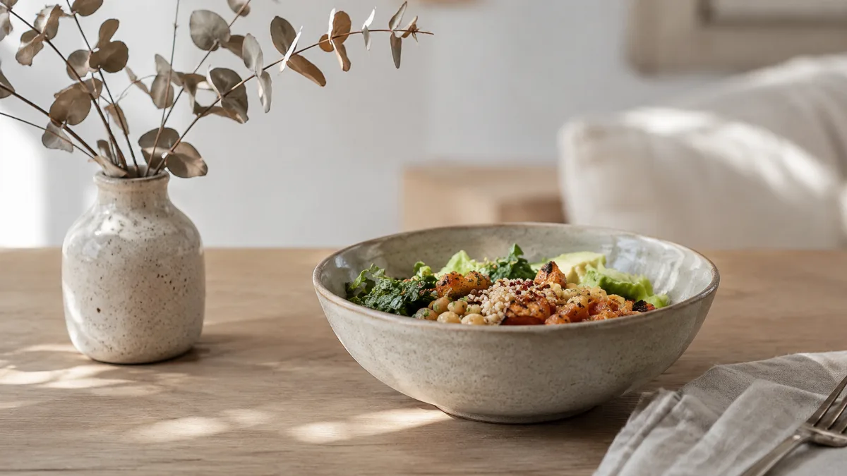 Minimalist table set with a single wholesome bowl