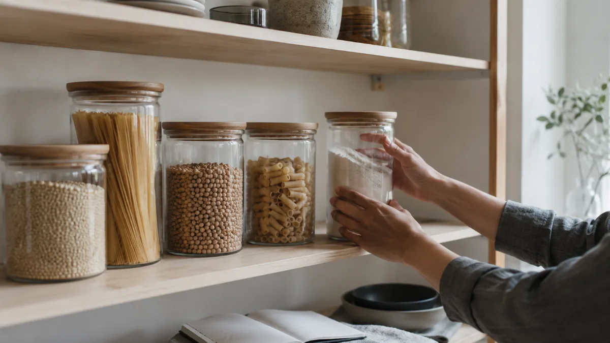 Minimalist pantry shelf with glass jars of staples