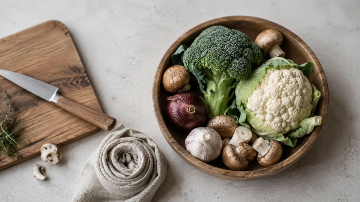 Wooden bowl of vegetables beside a chopping board