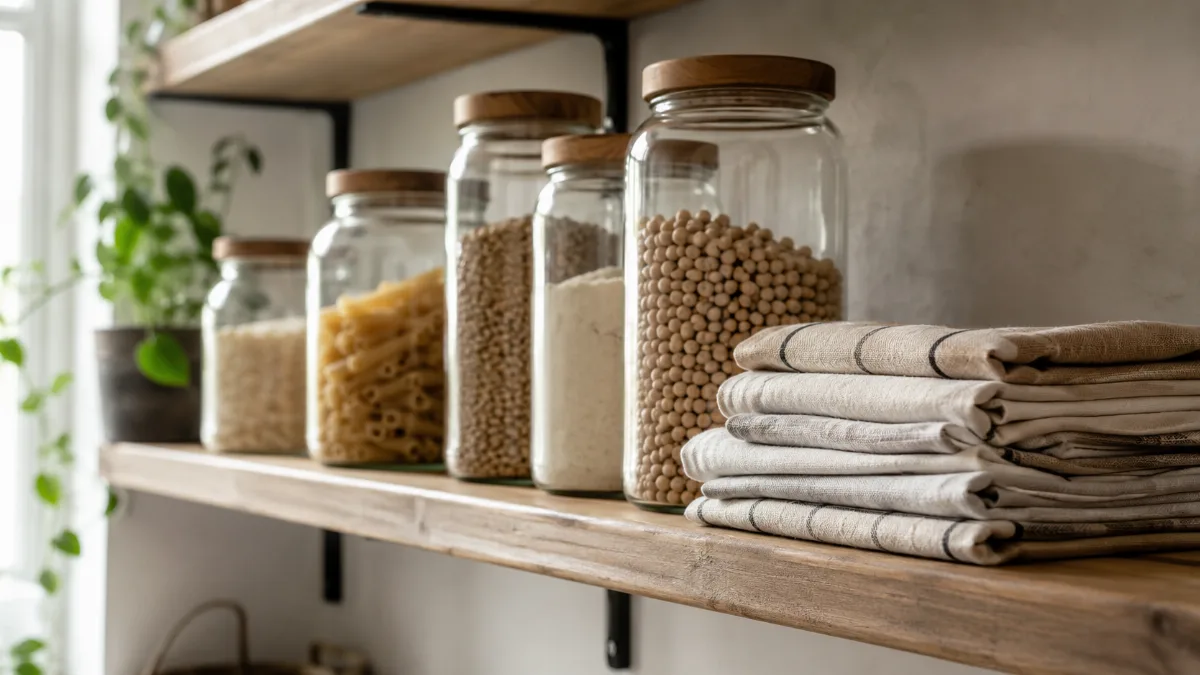 Minimalist pantry shelf with glass jars of staples