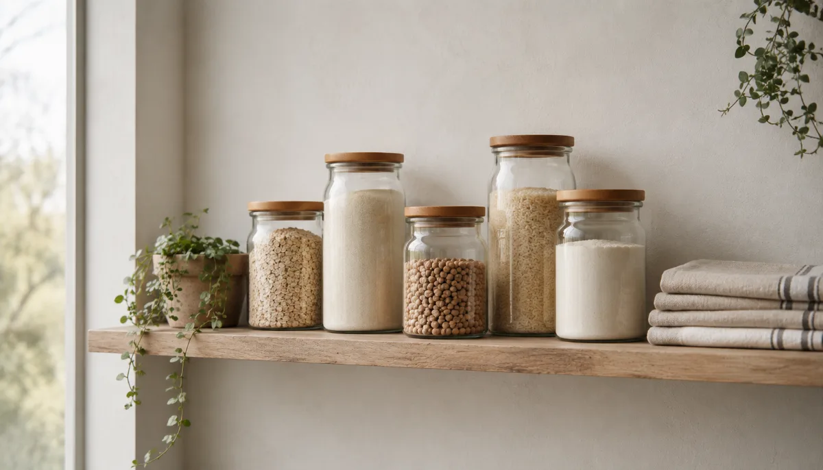 Glass jars of pantry staples on an open shelf
