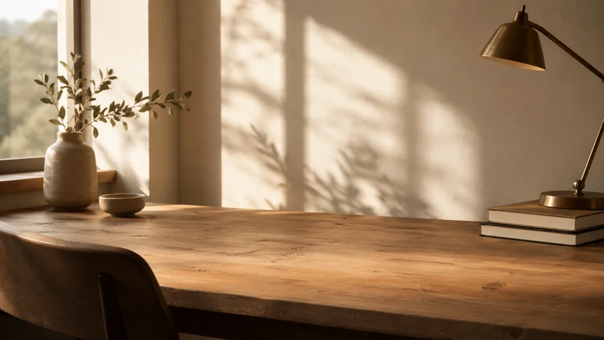 Uncluttered writing desk bathed in soft daylight