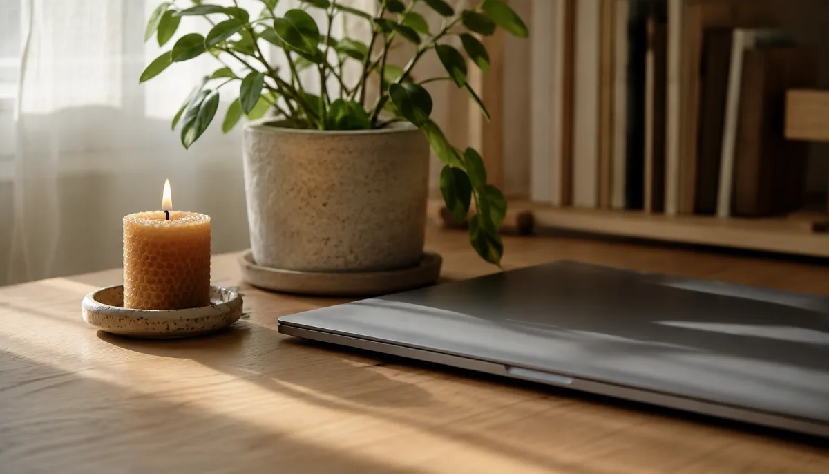 Tidy home-office corner with a laptop closed and a small plant