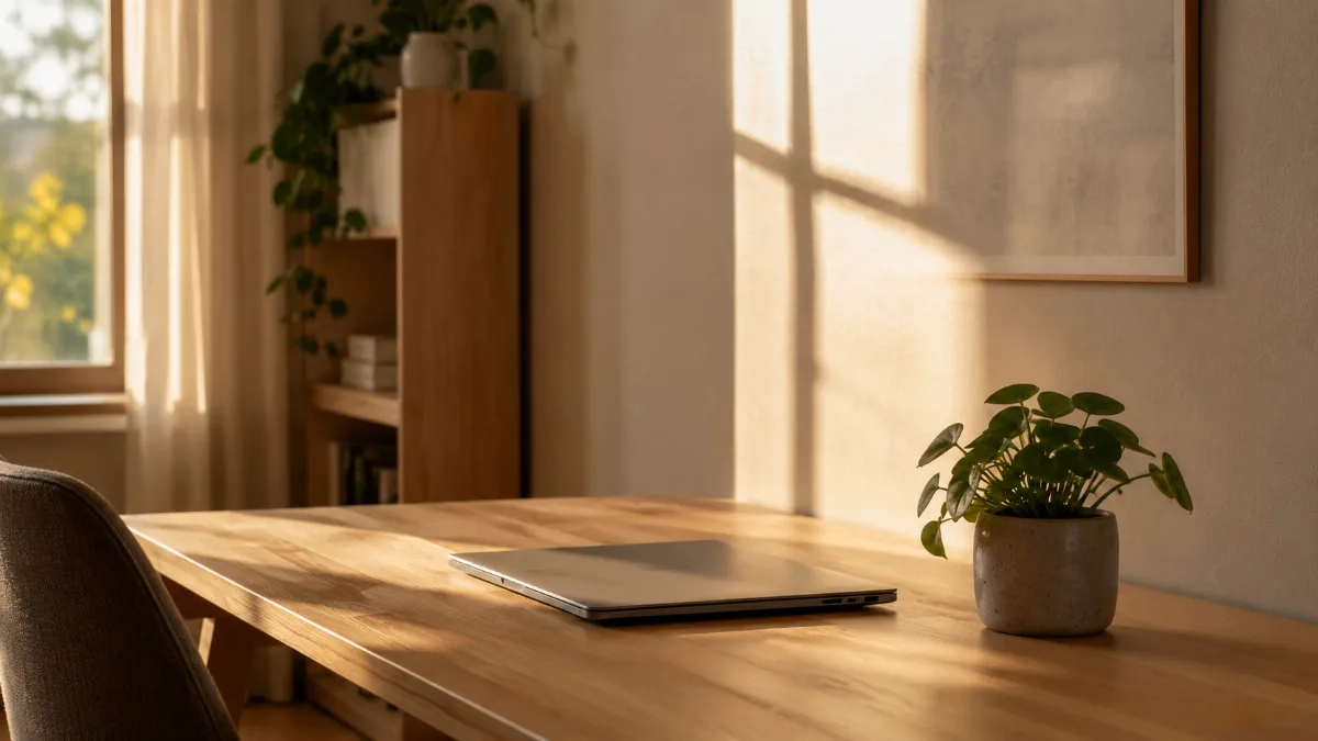 Tidy home-office corner with a laptop closed and a small plant