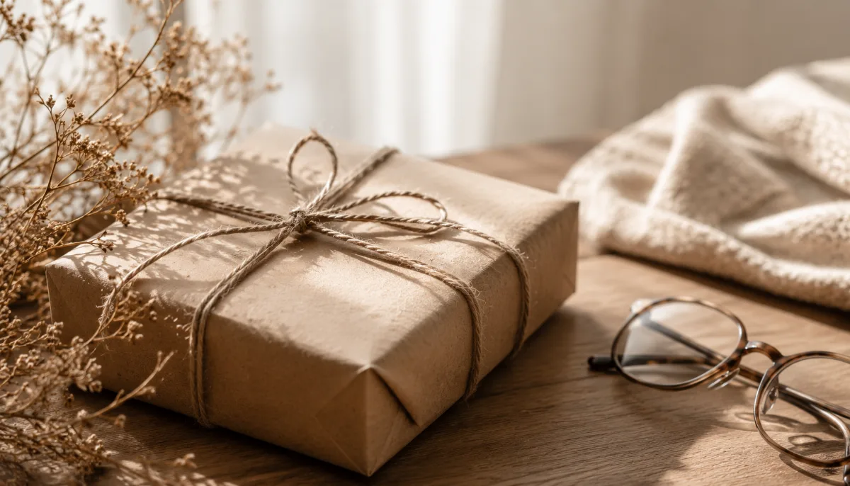 Single wrapped parcel tied with string beside dried foliage