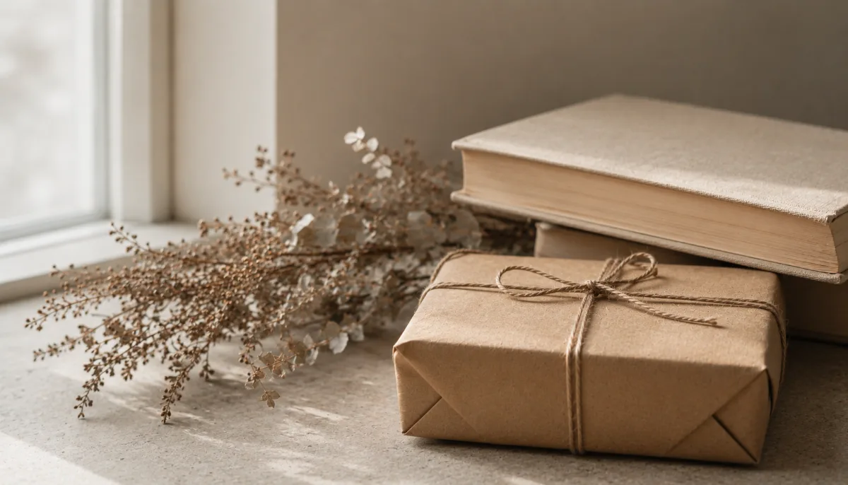 Single wrapped parcel tied with string beside dried foliage