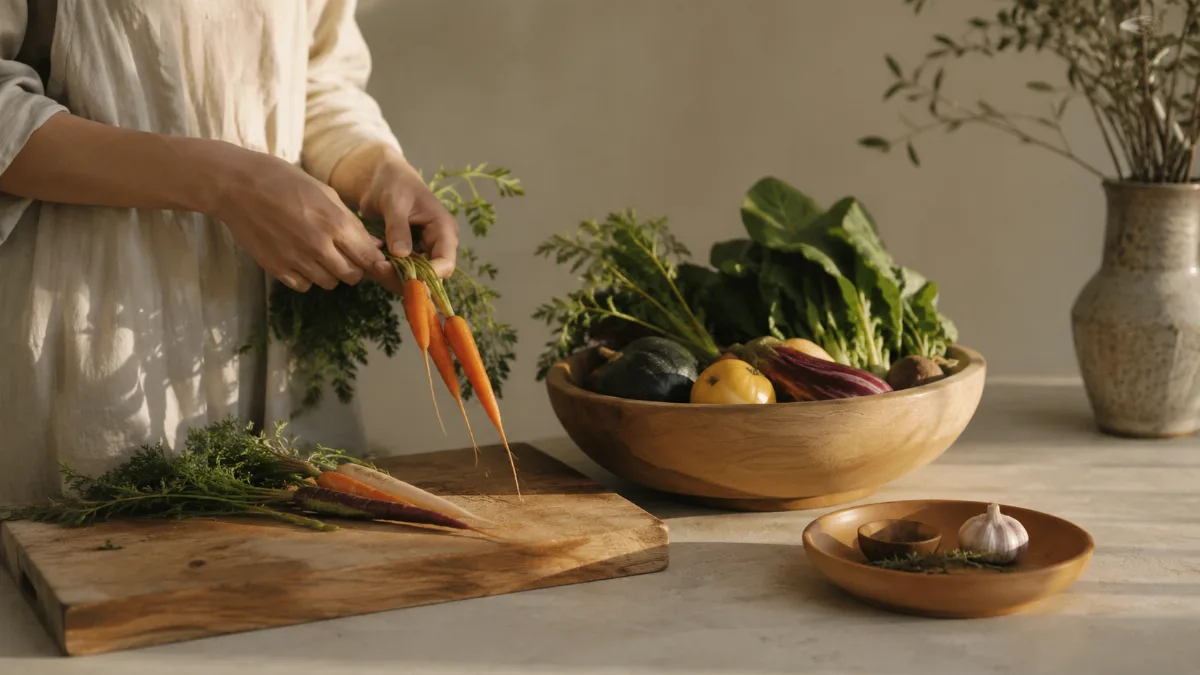 Wooden bowl of vegetables beside a chopping board