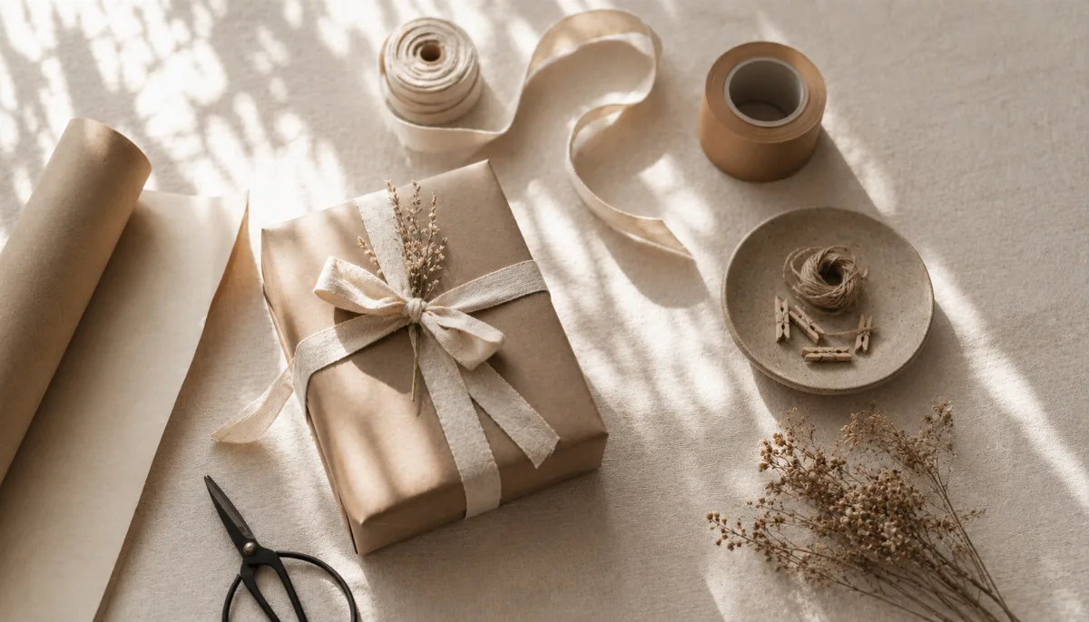 Minimal gift-wrapping setup with paper, scissors and twine