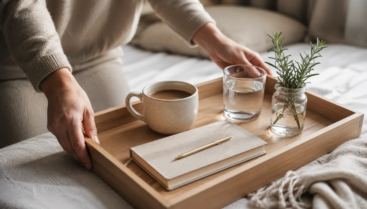 Simple morning tray with coffee, water and a small journal