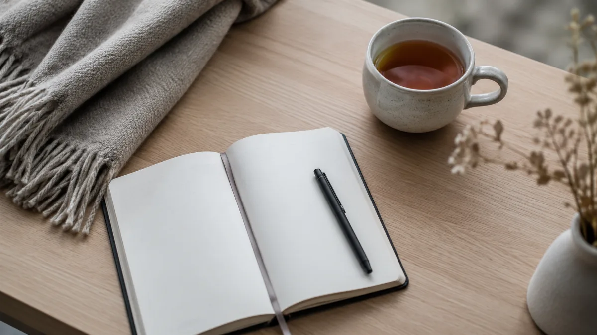 Tidy desk with a notebook and a cup of tea