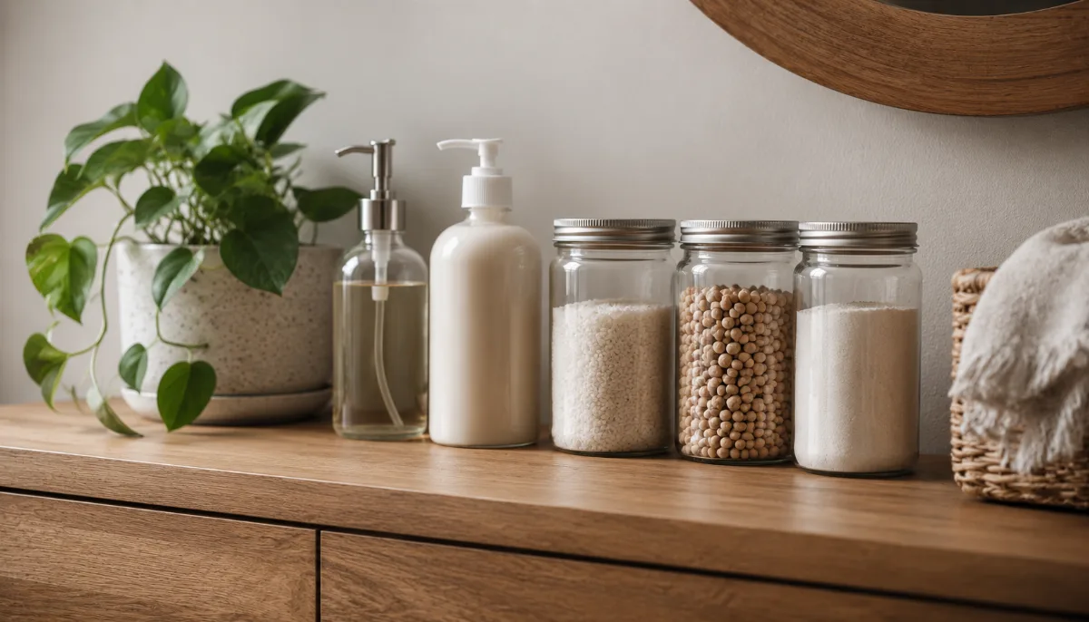 Row of refillable containers beside a leafy green plant