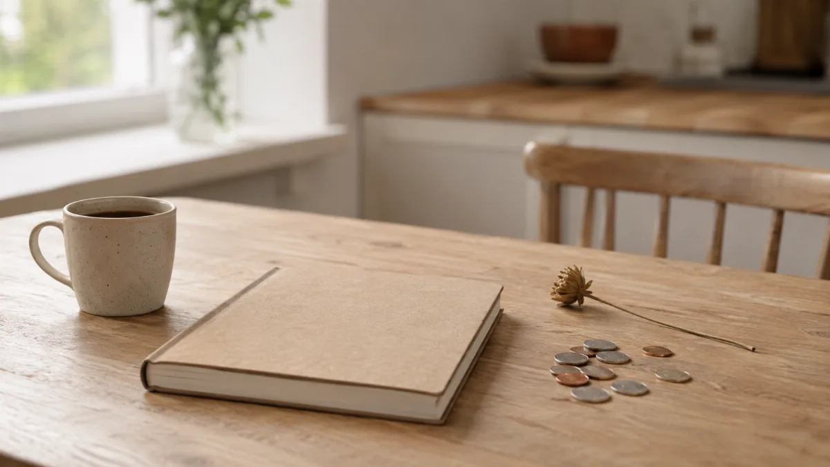 Kitchen table with a plain notebook, coins and a coffee cup