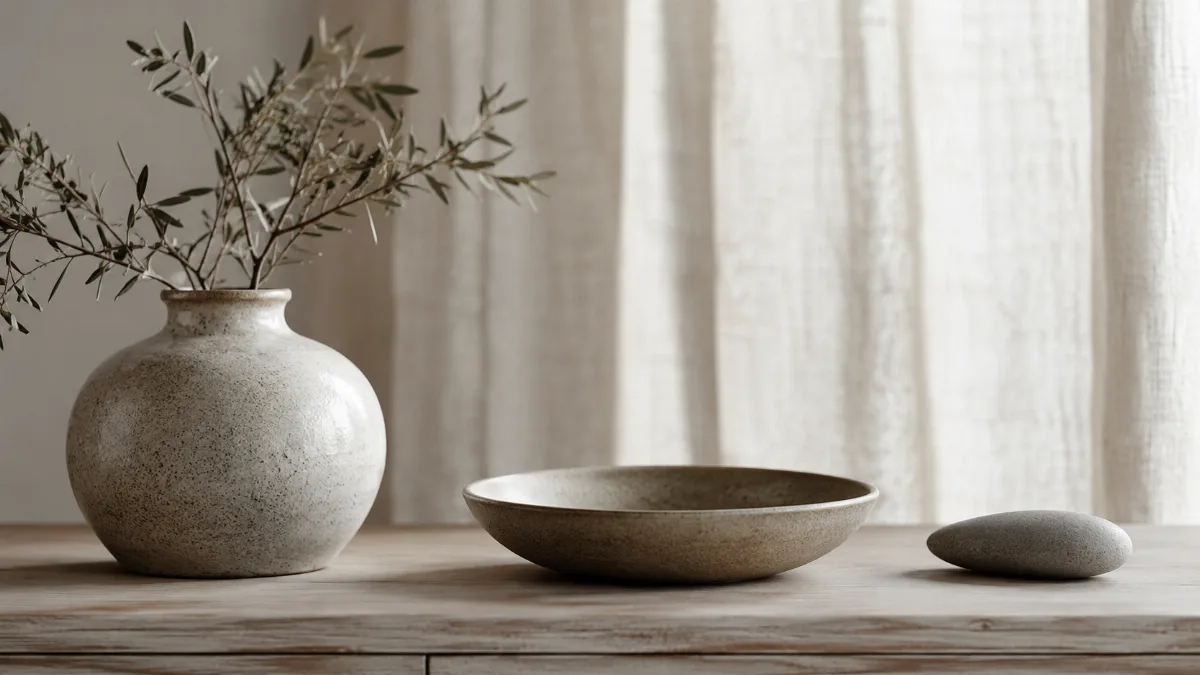 Serene styled vignette with neutral tones and soft daylight