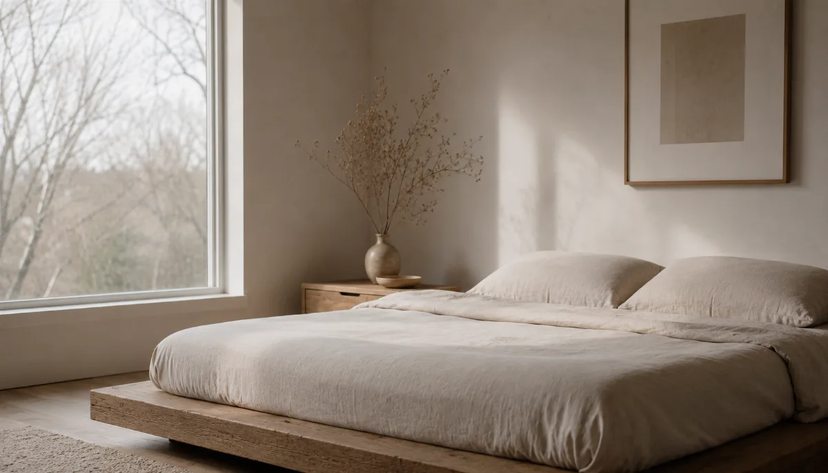 Low platform bed with crisp neutral sheets beside a bare window