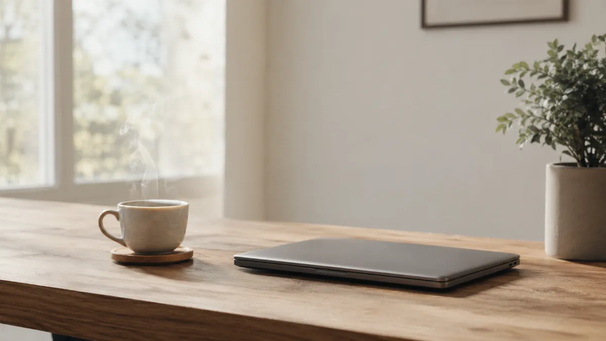 Clean desk with one closed laptop and a cup of coffee