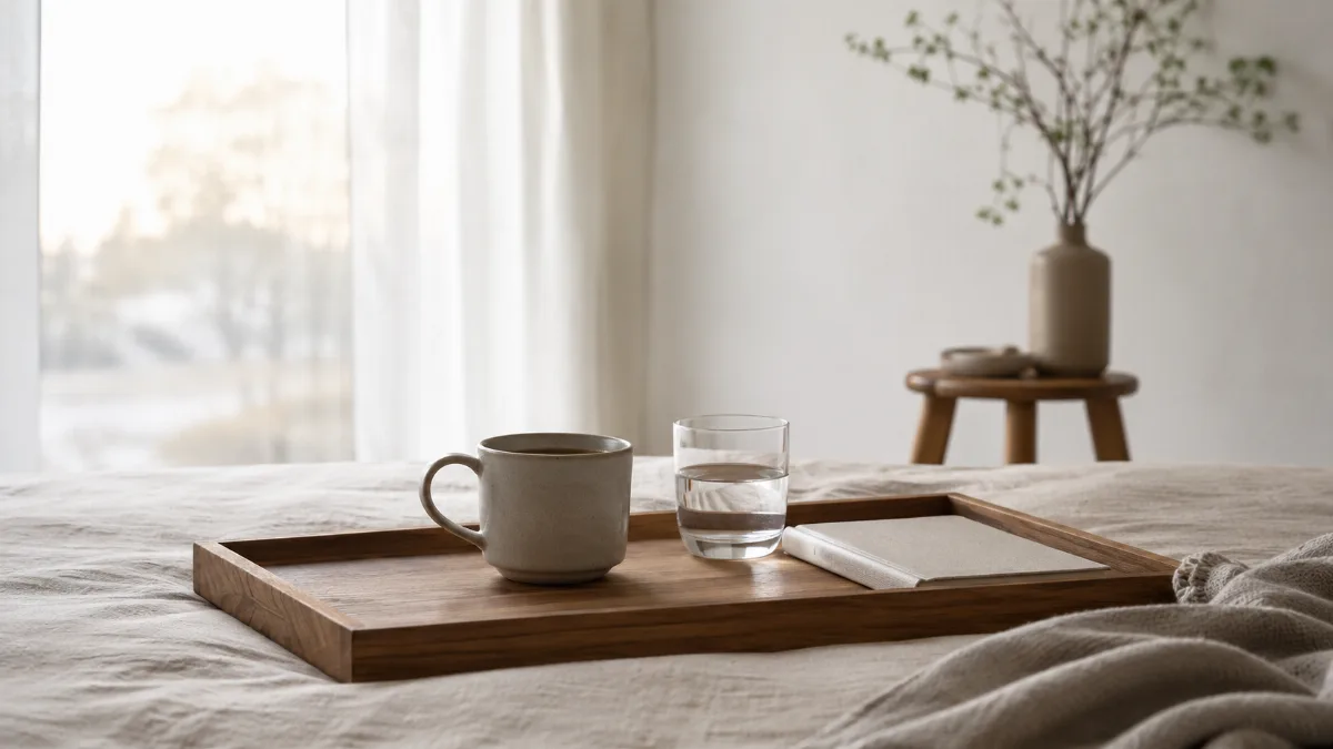Simple morning tray with coffee, water and a small journal
